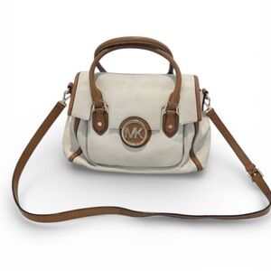 Michael Kors Margo pebble leather top handle satchel bag with brown leather trim